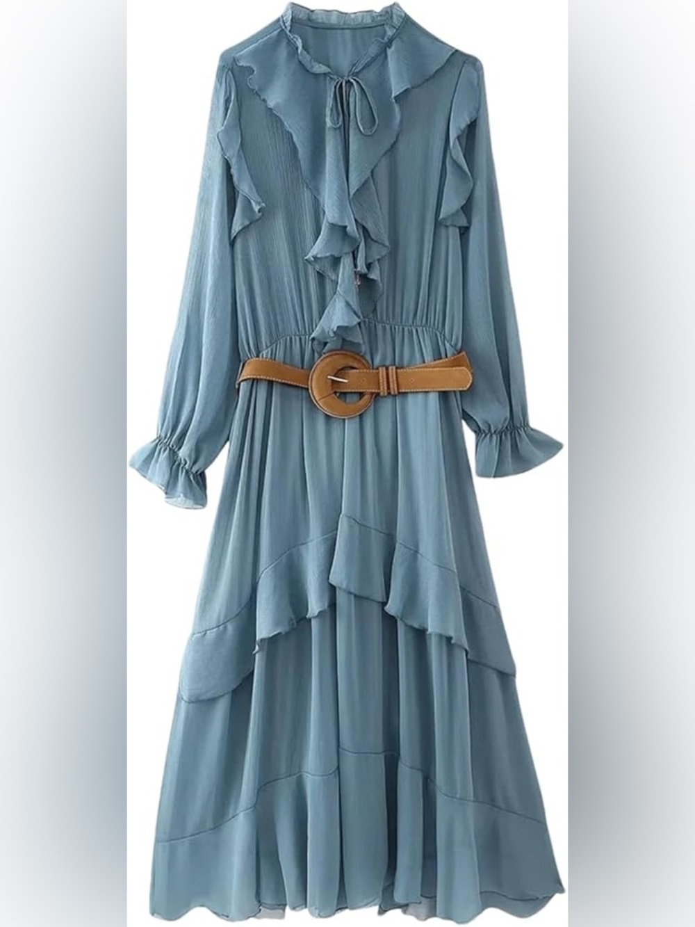 Zara Slate Blue Ruffled V-Neck Maxi Dress - Picture 10 of 13